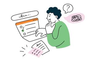 Student passing on online exam at college or university, test on laptop, man thinking and choosing right answer, illustration of internet questionnaire, learning on course, study concept vector
