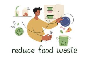 reducir comida residuos póster, hombre lanzamiento sobras en compost compartimiento, ilustración de plano personaje, planeta tierra icono, reutilizar basura, sostenible comiendo composición, ecología conciencia vector