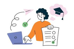 Student passing online test, apply to college composition, girl sending application form to university, exam composition, doodle icon of graduation hat, illustration of person working on laptop vector