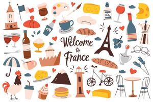 Francia símbolos mano dibujado recopilación, íconos de eifel torre, queso, cuerno, de viaje en París, turismo ilustraciones, famoso francés pasear, conjunto de vino y bandera garabatos vector