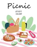 picnic invitación tarjeta, dibujos animados composición con cobija y mimbre cesta, glamping escena, tarjeta postal modelo con Copiar espacio, arreglo con picnic alimento, sándwiches, fruta, verano bandera vector