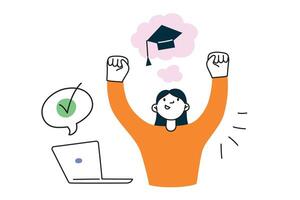 Happy student passed online test, girl after final exam, dreaming of graduation, education composition, doodle icons of graduating hat and laptop, illustration of success in studying vector