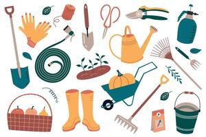 Gardening tools collection, trowel, scissors and shovel icons, illustrations of wheelbarrow and bucket in farm, agriculture equipment, instruments for planting and farming, rake and hose doodle vector