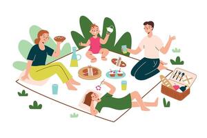 contento familia teniendo picnic al aire libre, garabatear ilustración de padres y niños sentado en frazada, comiendo sándwiches, relajante en naturaleza, picnic cesta icono, verano actividad vector