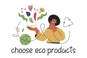 Sustainable food poster, illustration of woman eating eco friendly products, mussels, mushroom and buckwheat icons, go green composition, choose sustainability lifestyle, ecology concept vector