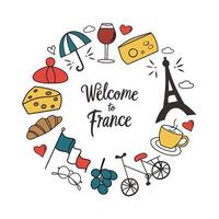 Welcome to France card, arrangement with croissant, Eifel tower, doodle icons of French symbols, layout of illustrations for print, poster or banner, template with lettering, Paris postcard vector