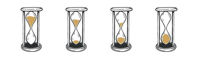 Set of full duration hourglass timer sketch drawing illustration antique sand glass vector