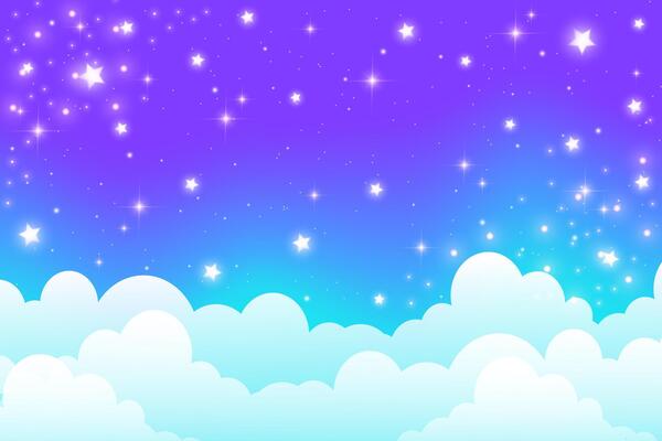 Night cloudy sky. Blue abstract space with stars and sparkles. Cute dreamy wallpaper with magic light. Dark evening heaven landscape. Gradient sunrise with twilight calm dusk.