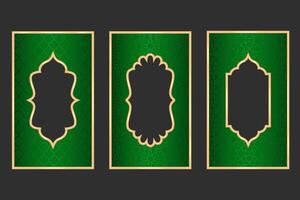 Ramadán islámico arco marco con ornamento. musulmán tradicional puerta ilustración para Boda invitación enviar y plantillas. dorado y verde marcos en oriental estilo. persa ventanas formas colocar. vector