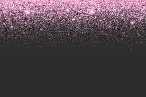 Pink glitter background with rose sparkles and confetti. Falling sequins shimmer textured effect. Shiny dust with bright particles on black backdrop. Abstract decoration, holiday design border