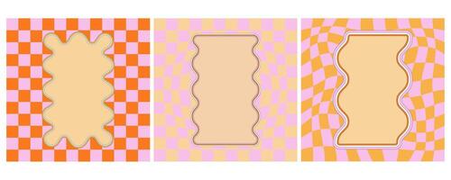 Groovy frames with wavy border on checkered background. Rectangle Y2k scallop shapes with square psychedelic pattern and box for text. Cute 90s design funky trendy template. vector