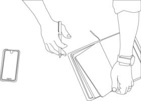 One line drawing hand holding pen with book and mobile vector