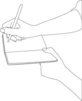 One line drawing hand holding pen with book vector