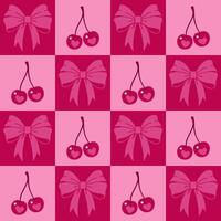 Seamless checkered pink pattern with cherries and bows. graphics. vector