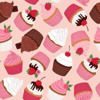 Seamless pattern with various cupcakes on a pink background. graphics. vector