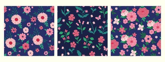 Set of seamless patterns with pink flowers on a blue background. graphics. vector