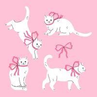 Set of cute white cats with pink bows. graphics. vector