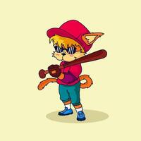Cute cat playing baseball illustration for fabric, textile and print vector