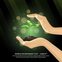 World Environment Day background with hands holding a plant vector