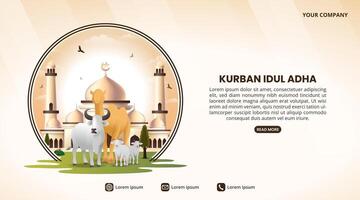 Idul Adha Sacrifice or Eid Al Adha Sacrifice background with animals and mosque vector