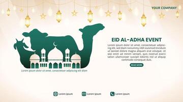 Eid Al Adha event background with animal silhouette and a mosque vector