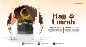 hajj y Umrah bandera con kaaba y peregrino vector