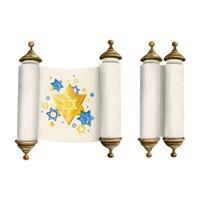 Watercolor open and closed Torah scrolls with yellow blue stars of David illustration set for Jewish designs vector
