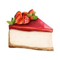 acuarela fresa tarta de queso postre ilustración. delicioso triángulo pastel pedazo con rojo bayas vector