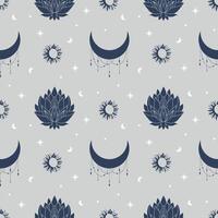Seamless celestial pattern with crescent moon and lotus flower. Boho magic background vector