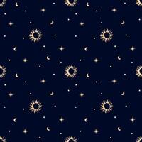Seamless celestial pattern with crescent moon and sun and stars. Boho magic background vector
