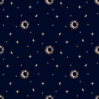 Seamless celestial pattern with crescent moon and sun and stars. Boho magic background vector