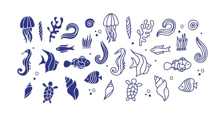 Set of underwater animals. undersea life. outline and silhouette