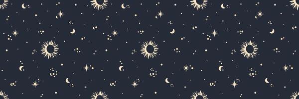 Seamless celestial pattern with crescent moon and sun and stars. Boho magic background vector