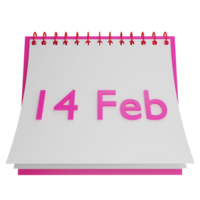 14 Feb on calendar clipart flat design icon isolated on transparent background, 3D render Valentine concept png