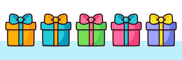 Set of cartoon multicolored gift boxes. Gift box with bow and ribbon. vector