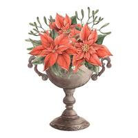 Bouquet of red poinsettia in a copper vase with mistletoe. Watercolor botanical illustration in vintage style. Drawing for Christmas and New Year holidays, invitations, cards, wrapping paper, decor. vector