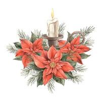 Poinsettia, fir branch, candle in a copper candlestick. Watercolor illustration in vintage style. Floral and plant trend. Drawing for invitations, cards, banners, wrapping paper, wallpaper, decor. vector