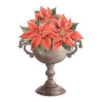 Bouquet of red poinsettia in a copper vase. Watercolor illustration in vintage style on isolated background. Drawing for the Christmas holidays, invitations, cards, banners, wrapping paper, wallpaper. vector