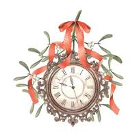 Copper antique clock with mistletoe and red ribbon. Watercolor composition in vintage style on an isolated background. Drawing for Christmas and New Year holidays, invitations, cards, banners, decor. vector