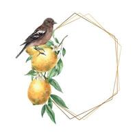 Yellow lemon with green leaves and flowers, brown realistic bird. Isolated watercolor hexagonal frame in vintage style with gold. Hand drawn for cards, wedding design, invitations, packaging. vector