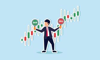 Stock and crypto trading investment, wealth management, financial decision making, concept of Businessman investment analyst holds buy sell sign with candlestick chart vector