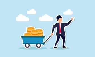 The successful investor reaps profits from business endeavors, generating income and revenue, concept of The affluent businessman pushes a cart filled with golden coins, symbolizing wealth and success vector