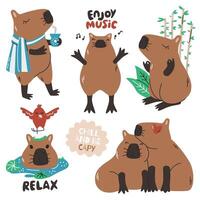 Adorable capybara character sticker collection. Funny childish personage design set. Latin wild animal drawing isolated on white. South America fauna. Cute rodent hand drawn flat illustration vector