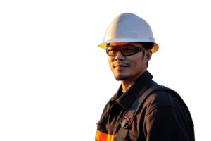 Engineer man using work hat with sunglasses isolated on transparent background png