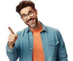 Cheerful man pointing finger left making pose for advertisement png