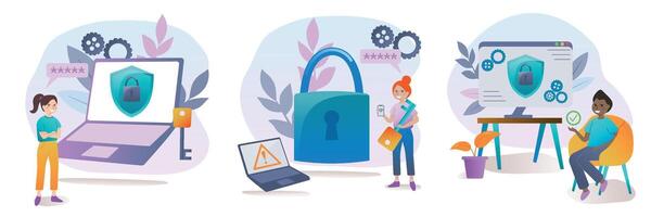 Cyber security and password strength concept. Set of illiustrations in cartoon style. People secure computer and smartphones with strong passwords. Users protecting personal data with strong password. vector