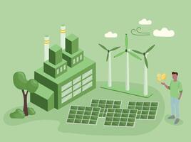 Sustainability illustration in flat style. ESG, green energy, sustainable industry with windmills and solar energy panels. Environmental, Social, and Corporate Governance concept. vector