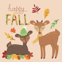 autumn background with cute little deers and falling leaves, branches and text Happy Fall in flat style. Childish natural background with cartoon characters. illustration. vector