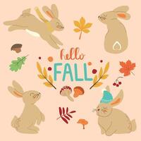 Autumn bunny trendy set. Set of cute rabbits or hares in hat and scarf. Hello fall comcept. Different leaves, mushrooms and berries. Flat cartoon colorful illustration vector