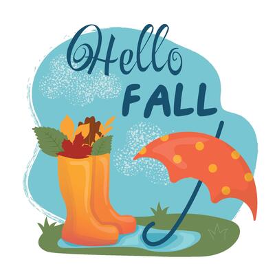 Umbrella with leaves and rubber boots on grass. Colorful card of rainy weather and autumn mood. Flat illustration isolated on white background